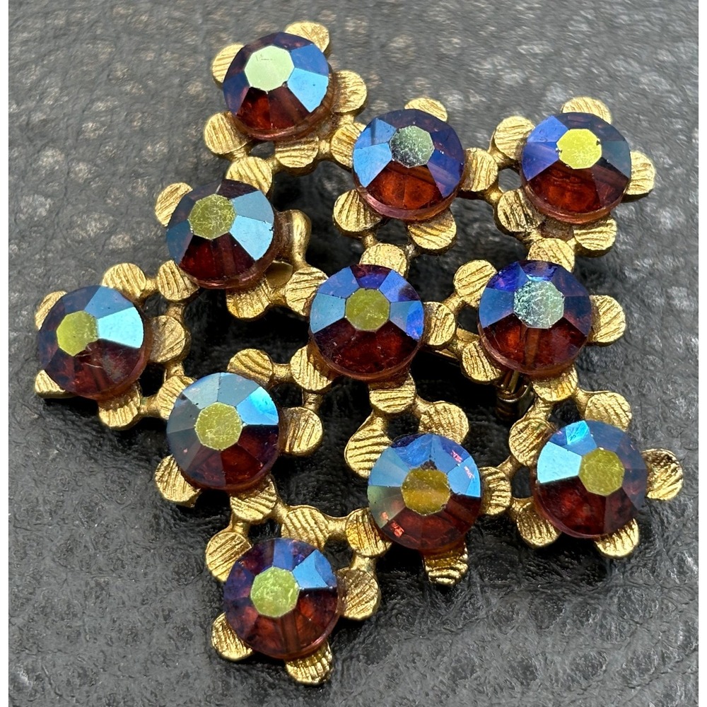 Vintage AB Rhinestone Flower Filigree Cluster Brooch Flower Pin Gold Tone